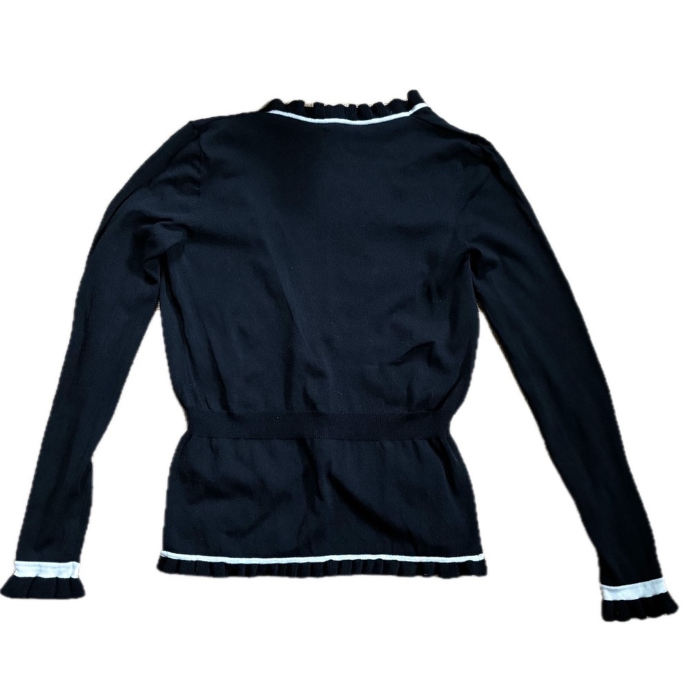 Vintage Cache Black White Lightweight Cardigan Top Small Ruffle Trim Retro Twee - Picture 4 of 5